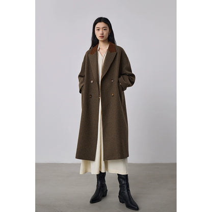 [Offre spéciale à durée limitée] Manteau long en laine à double boutonnage rétro, manteau en laine à motif de grille d'oiseau d'hiver swing