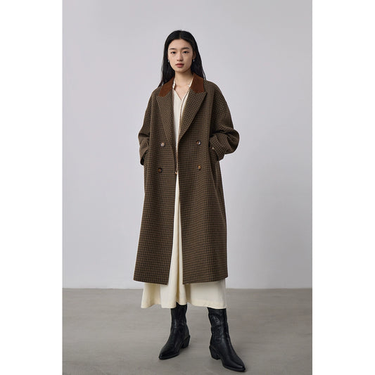 [Oferta especial por tiempo limitado] Abrigo largo de lana con doble botonadura retro, abrigo de lana con diseño de rejilla de pájaros de invierno 