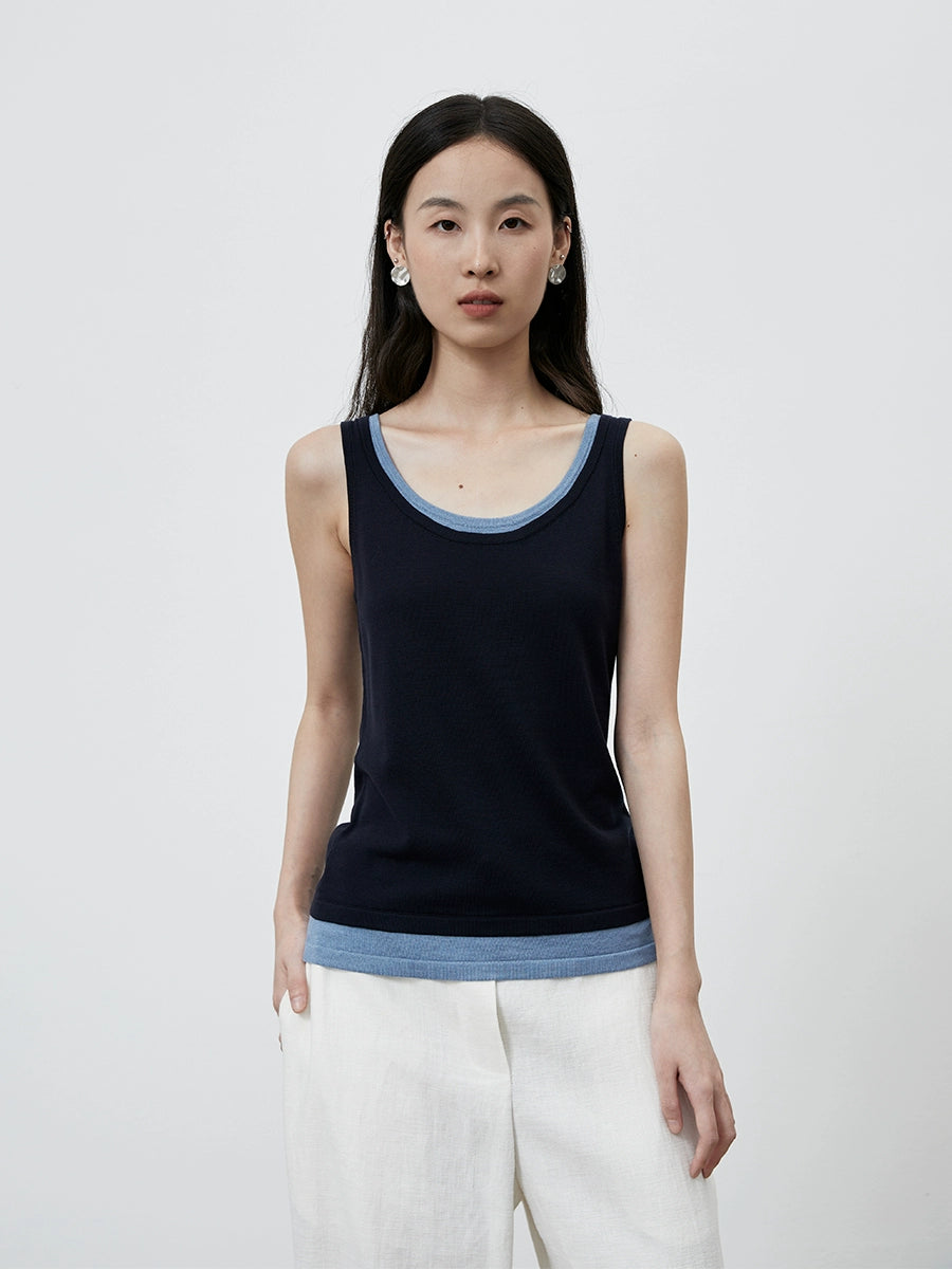 [Fácil de salir a la calle] CAREMINDU - Chaleco de dos piezas con cuello falso a juego de colores, diseño versátil de ropa apilada, camiseta sin mangas para mujer 