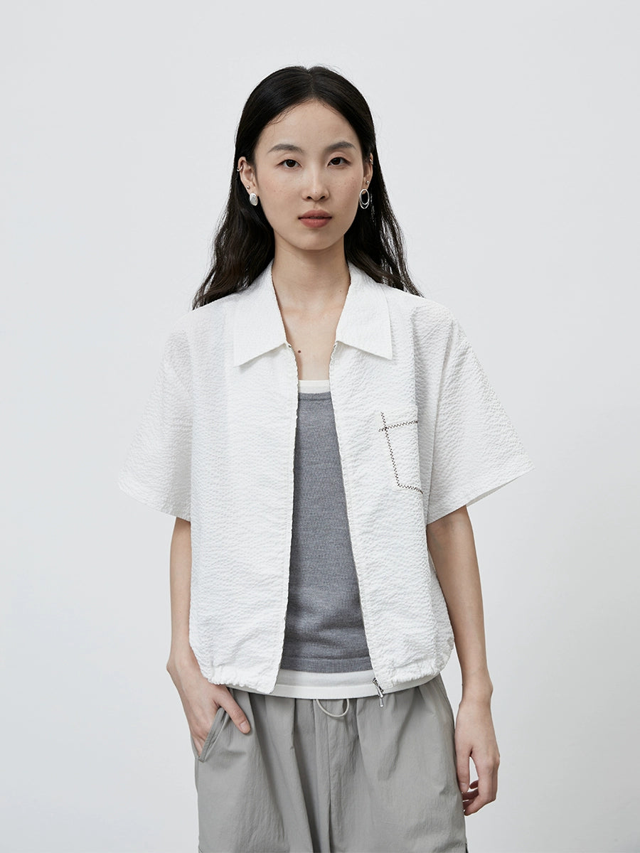 [Sea salt shirt] CAREMIND Japanese-style texture short shirt women's white casual short-sleeved jacket top