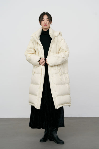 CAREMIND Chaqueta de plumón con capucha hasta la rodilla blanca para mujer, chaqueta térmica de plumón 90 % 