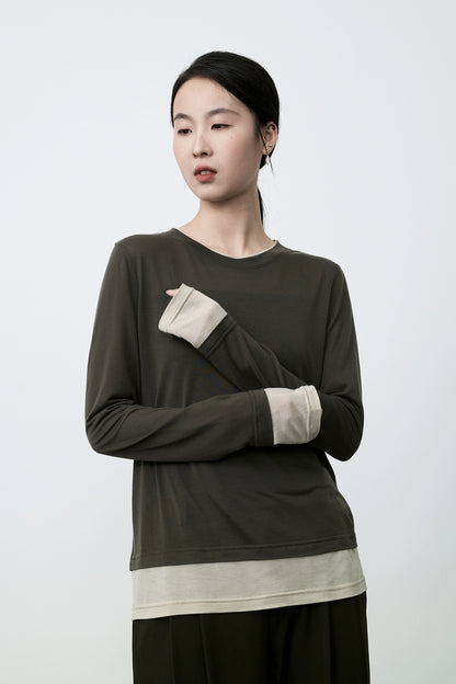 Camiseta de manga larga de lujo ligera Lenzing Tencel de CAREMIND, agradable para la piel, cuello redondo, versátil, color a juego, top de moda 