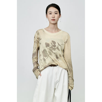 CAREMIND2024 nueva camiseta de manga larga con pintura de tinta de albaricoque amarillo de otoño, top de malla manchado 