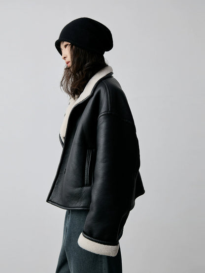 Chaqueta negra corta cálida y resistente al viento con pelo integrado de CAREMIND, chaqueta de solapa de locomotora de moda para mujer 