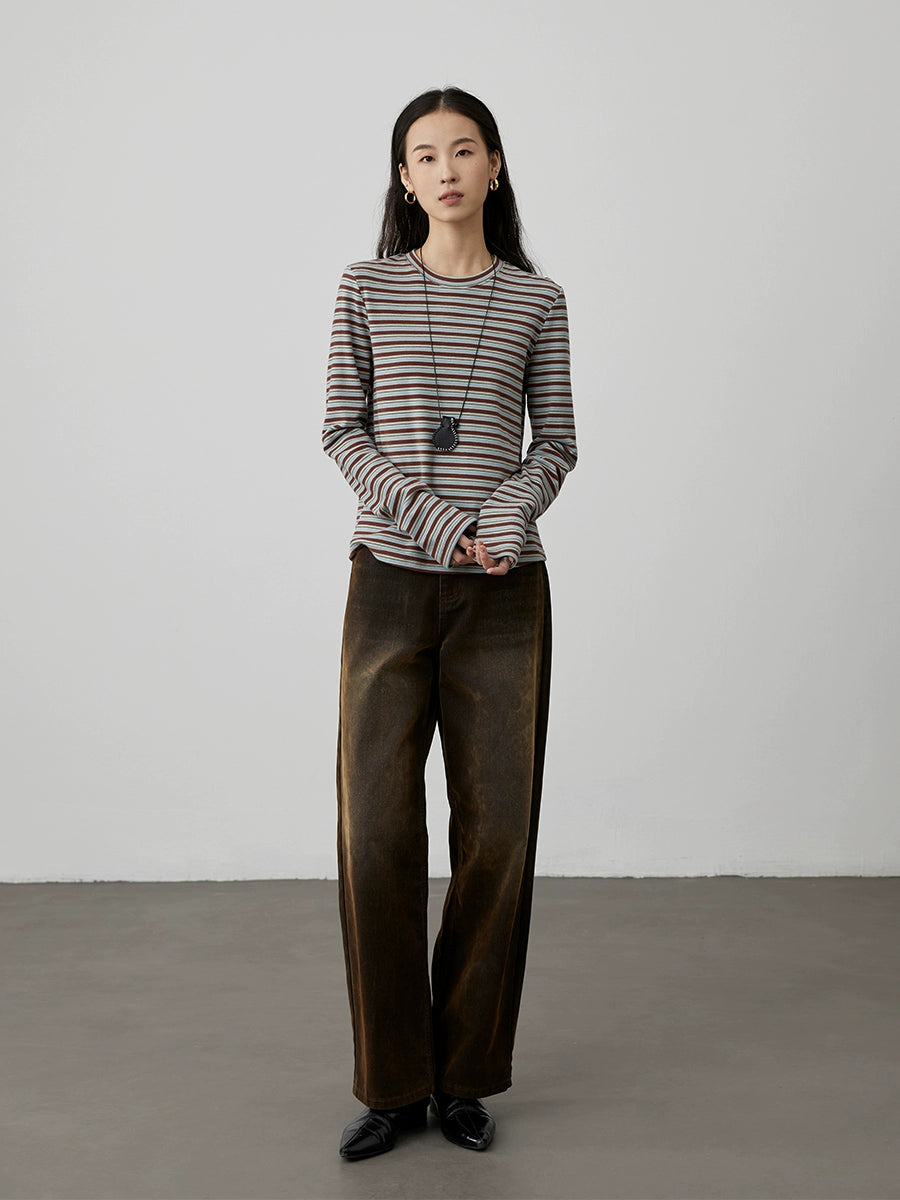 [Thin and Qiao Muffins] CAREMIND Striped Crew Neck Long Sleeve T-Shirt Slim and Skinny Inner Bottom Top Spring and Autumn