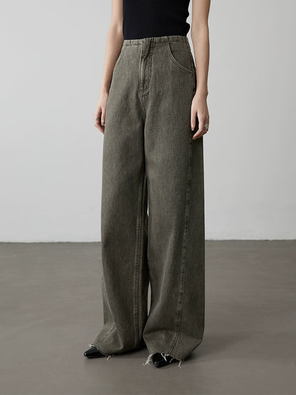 CAREMIND Old olive green narrow wide-leg jeans show straight and thin straight floor mopping pants women's spring and autumn models