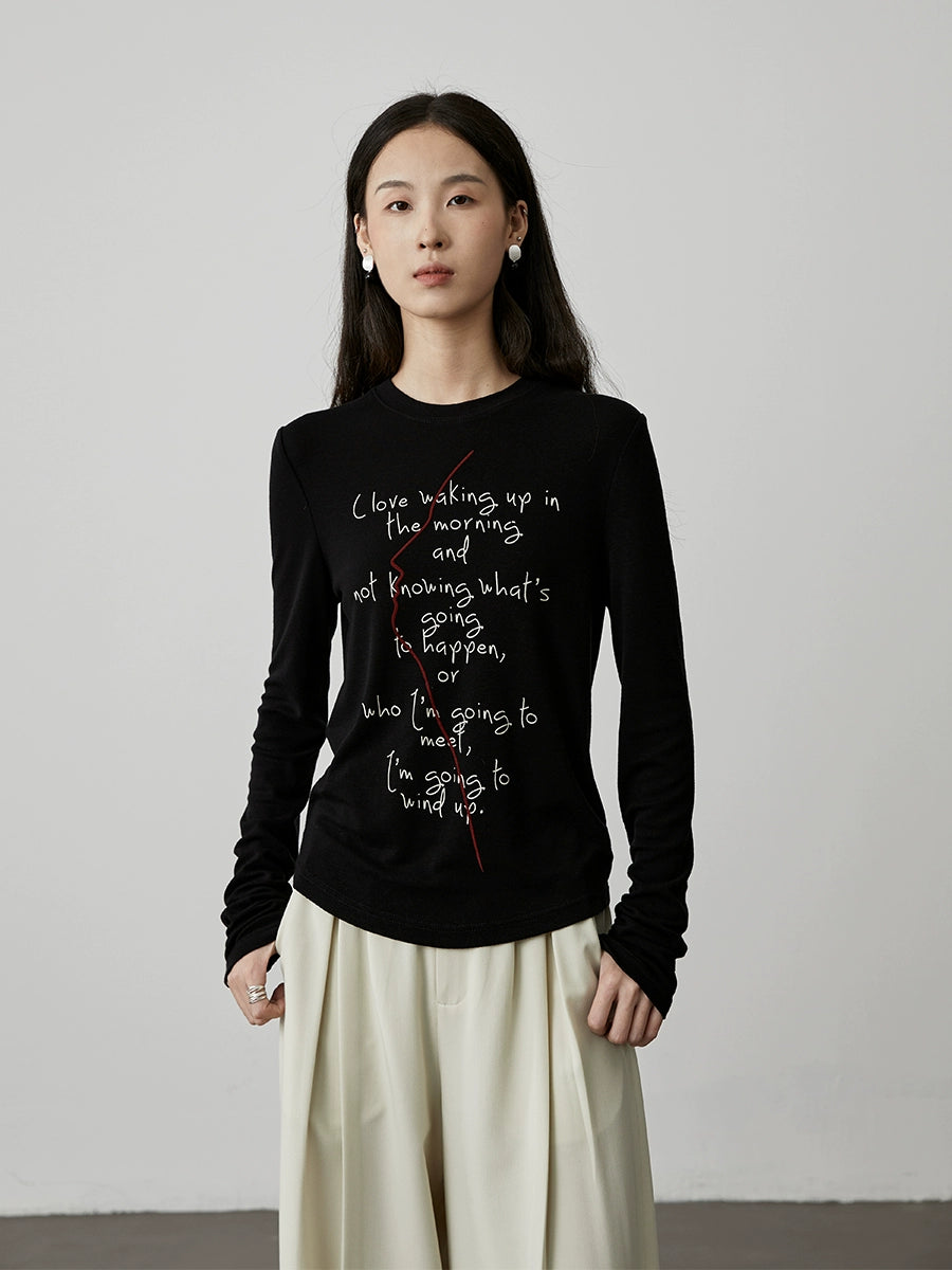 [Thinking T] CAREMIND Black Tencel Letter Printed Front Shoulder Long Sleeve T-Shirt Three-dimensional Art Sketch Top