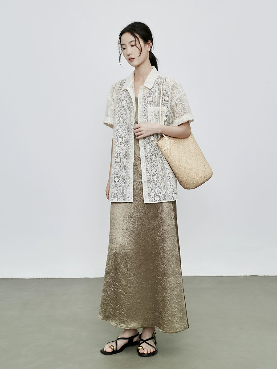 Camisa versátil apilada con encaje japonés vintage de CAREMIND, manga corta, hueca, color albaricoque y bordado 