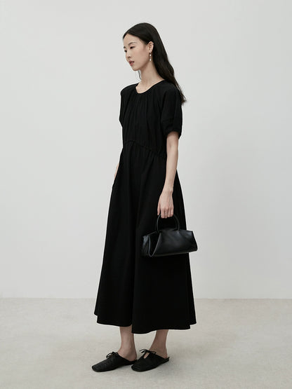 CAREMIND Elegante vestido negro pequeño estilo Hepburn para niños, cuello redondo, plisado, ajustado, manga corta 