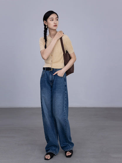 [Special Price] Two-color ramie knitted single-breasted cardigan top shows temperament elastic crew neck short sleeves