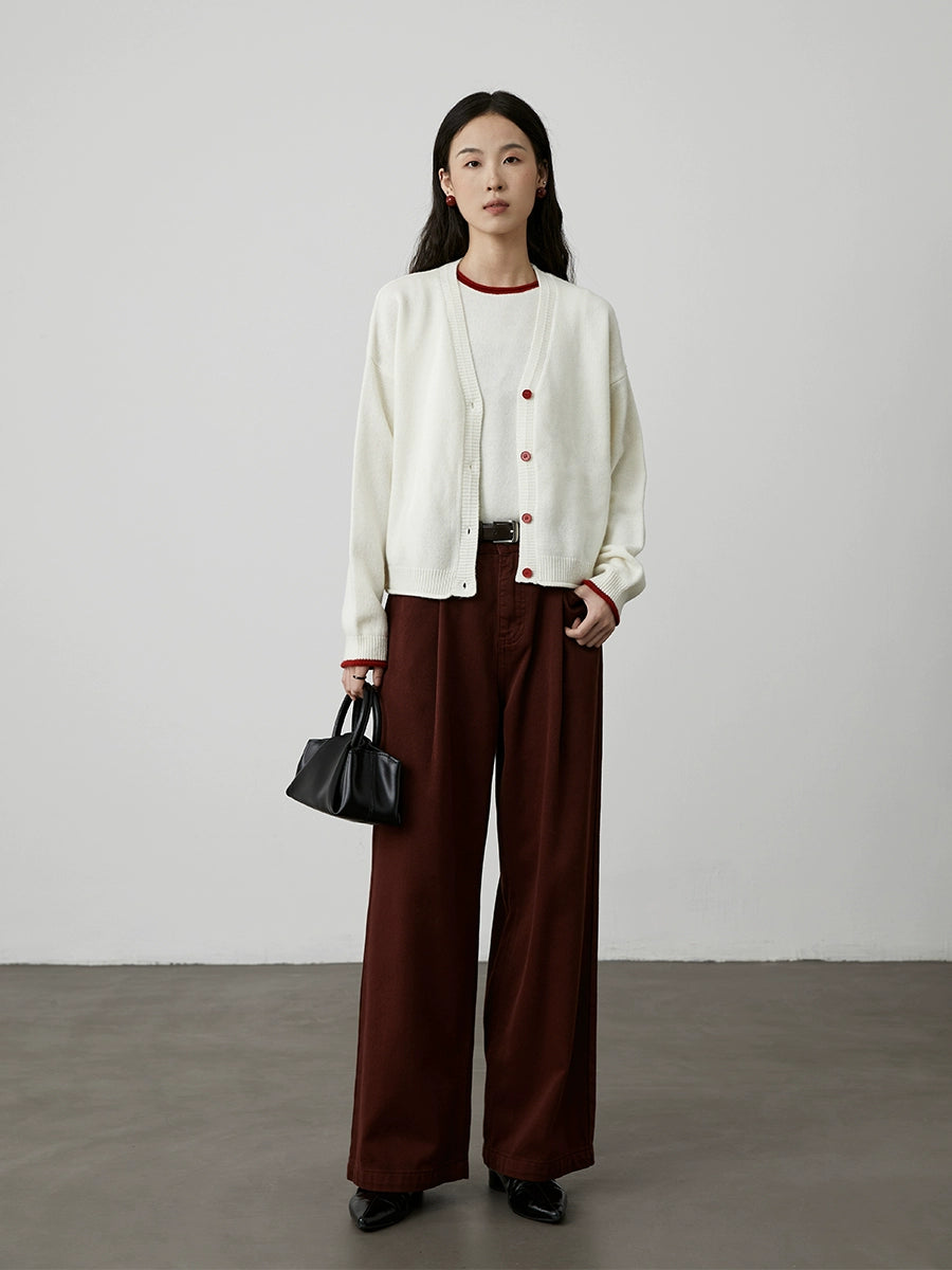 [Street Slack] CAREMIND retro dark red high-waisted jeans autumn new straight drape thin pants