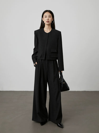 [Limpio y recto] Chaqueta pequeña de manga larga corta para mujer con traje pequeño sin cuello y hombros delanteros de CAREMIND 