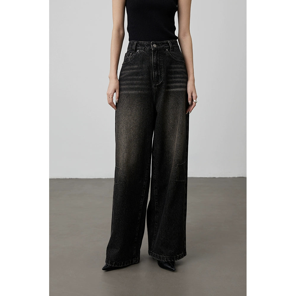 [Tiger Eye Black Denim] CAREMIND Black Coffee Retro Washed Straight Pants Women's 2024 Winter Loose Wide Leg Pants