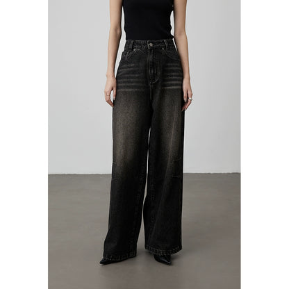 [Tiger Eye Black Denim] CAREMIND Black Coffee Retro Washed Straight Pants Women's 2024 Winter Loose Wide Leg Pants