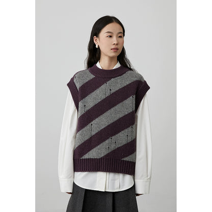 [Quartet] Chaleco de punto con cuello redondo y rayas retro de CAREMIND con contraste de colores apilados, chaleco de punto con gancho para mujer 