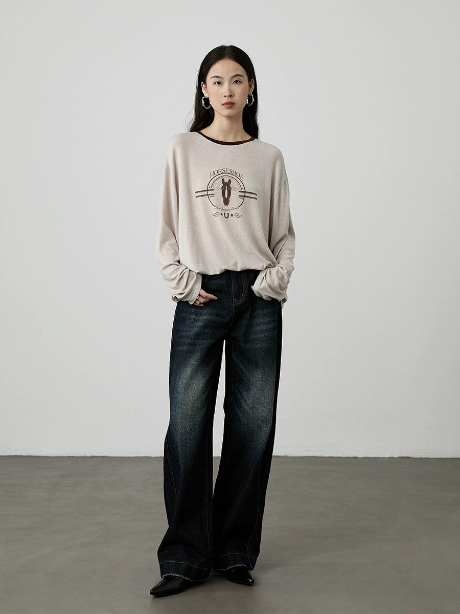 [Camiseta ecuestre] Camiseta con estampado de avena CAREMIND agradable para la piel, holgada, con cuello redondo y manga larga en color contrastante 