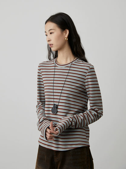 [Thin and Qiao Muffins] CAREMIND Striped Crew Neck Long Sleeve T-Shirt Slim and Skinny Inner Bottom Top Spring and Autumn