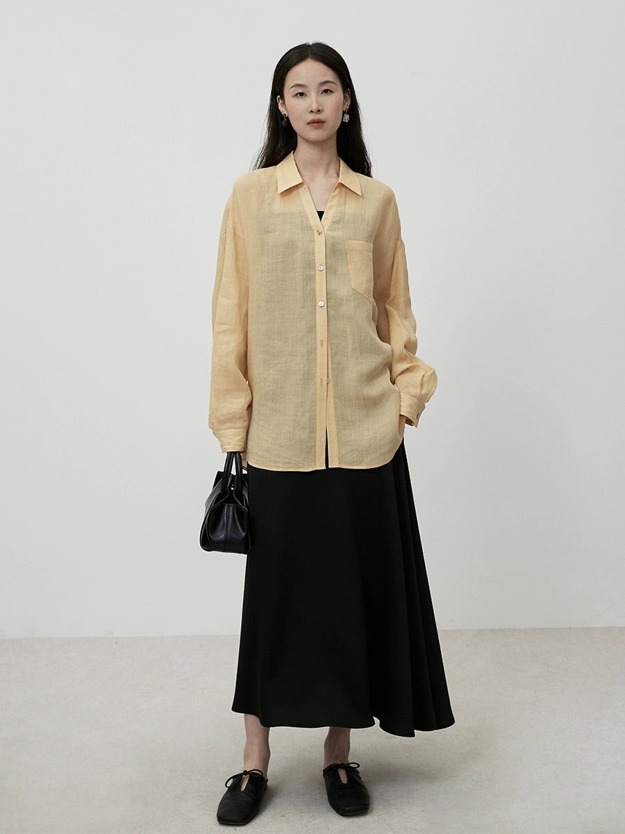 Camisa fina con protector solar de verano CAREMIND Camisa exterior de manga larga amarilla elegante y fresca de Ramie 