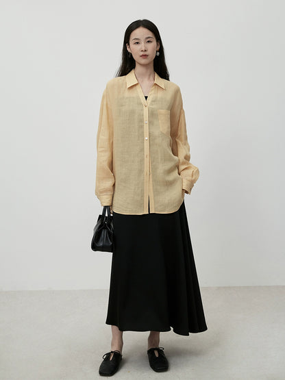 Camisa fina con protector solar de verano CAREMIND Camisa exterior de manga larga amarilla elegante y fresca de Ramie 