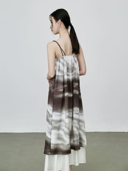 CAREMIND estilo nacional temperamento pintura de tinta vestido de tirantes vestido de otoño nuevo manchado con cuentas sin mangas falda larga 