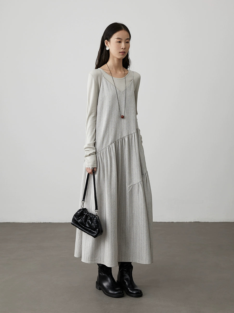 [Singing in the Rain] CAREMIND Grey V-Neck Suspender Dress Twill Irregular Sleeveless Stacked Medium and Long Dress