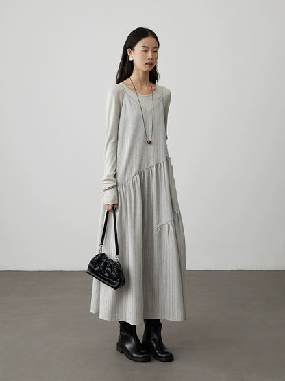 [Singing in the Rain] CAREMIND Grey V-Neck Suspender Dress Twill Irregular Sleeveless Stacked Medium and Long Dress
