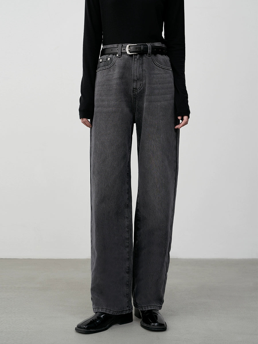 [Oferta especial por tiempo limitado] Pantalones vaqueros de cintura alta, que cubren la carne y delgados y rectos, pantalones de versión estrecha en negro carbono elegantes con cuerpo en forma de pera 