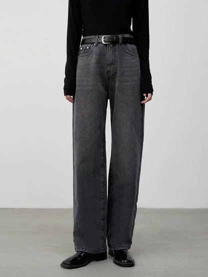 [Oferta especial por tiempo limitado] Pantalones vaqueros de cintura alta, que cubren la carne y delgados y rectos, pantalones de versión estrecha en negro carbono elegantes con cuerpo en forma de pera 