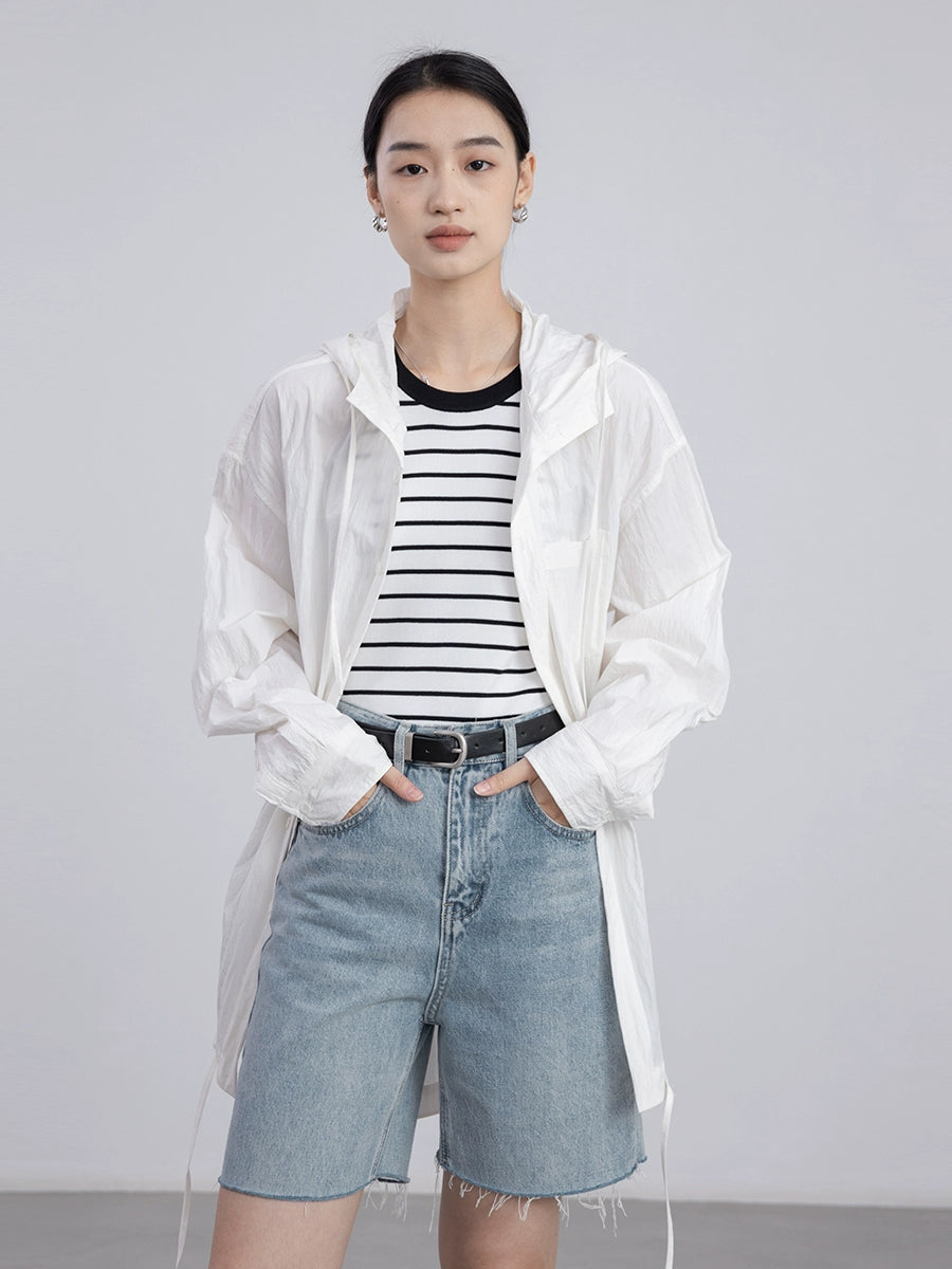 [Oferta por tiempo limitado] Chaqueta tipo cárdigan con capucha y cordón fino para mujer, holgada, a la moda, color blanco, con protección solar 