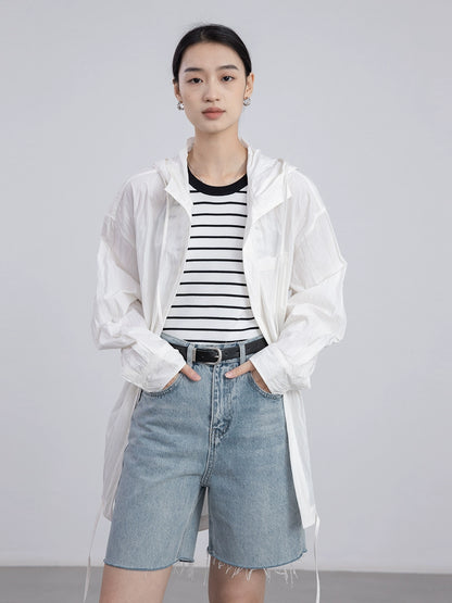 [Oferta por tiempo limitado] Chaqueta tipo cárdigan con capucha y cordón fino para mujer, holgada, a la moda, color blanco, con protección solar 