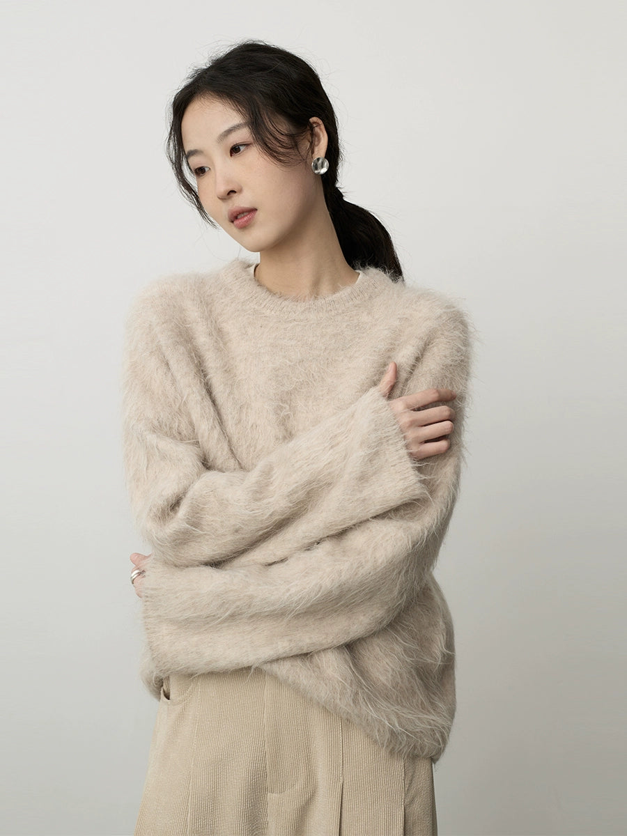 Jersey suave premium nuevo CAREMIND de pelo largo de alpaca gris para mujer 2024 