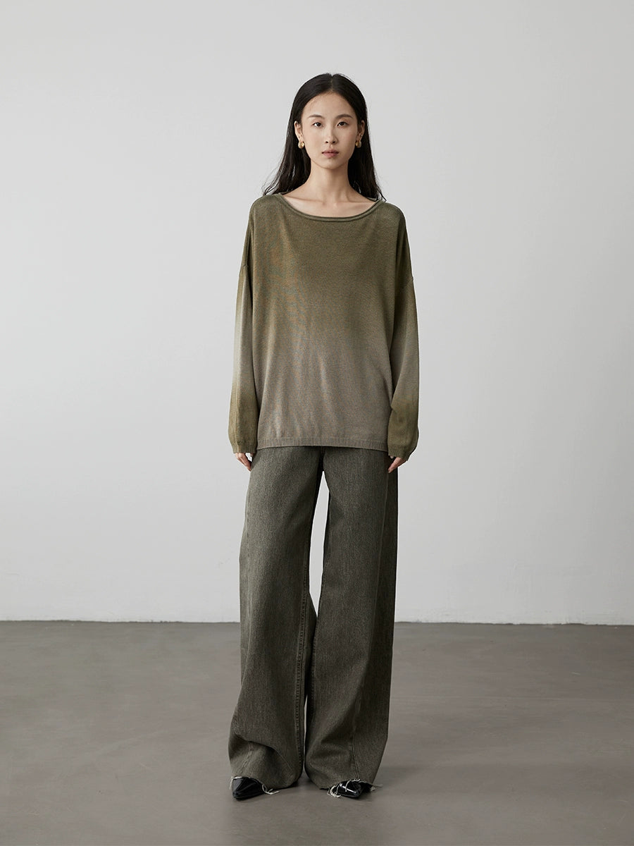 CAREMIND Old olive green narrow wide-leg jeans show straight and thin straight floor mopping pants women's spring and autumn models