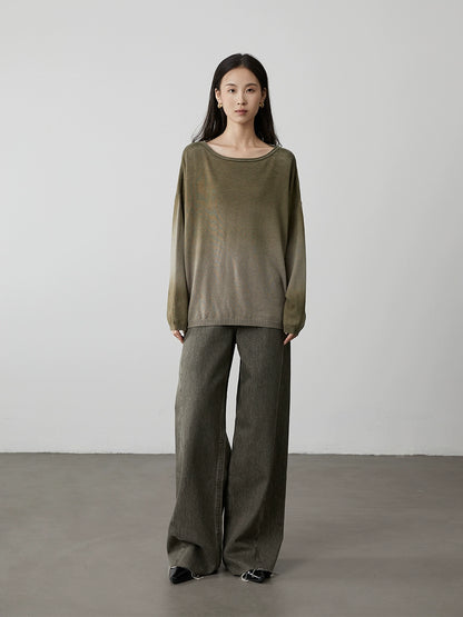 CAREMIND Old olive green narrow wide-leg jeans show straight and thin straight floor mopping pants women's spring and autumn models