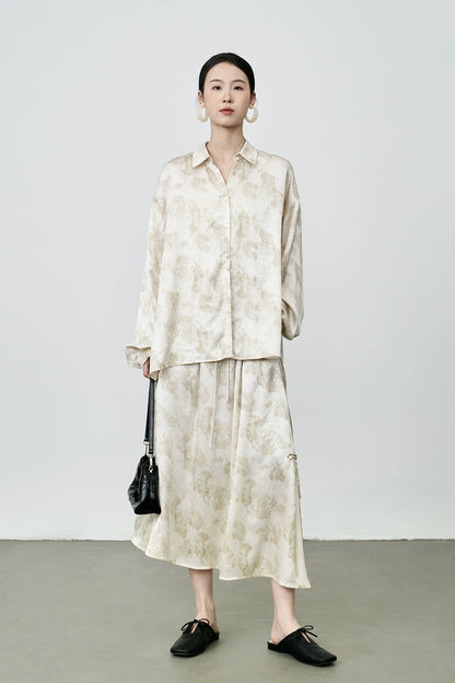 CAREMIND Nouveau costume abricot chinois, jupe à manches longues en satin à fleurs de style national, costume deux pièces pour femme