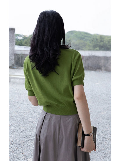 [Oferta por tiempo limitado] Camiseta de manga corta de punto con solapa tipo polo de color liso y temperamento sencillo 