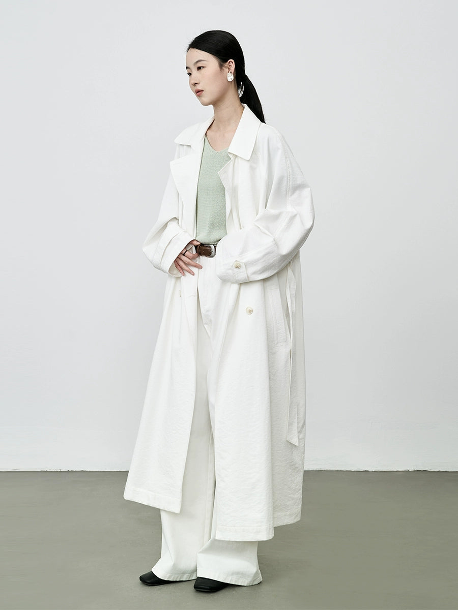 CAREMIND Gabardina blanca ligera y texturizada para mujer, abrigo largo informal de temperamento francés para otoño 