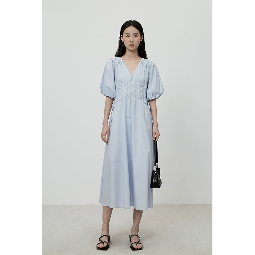 CAREMIND Vestido azul claro ajustado con escote en V francés, elegante falda con pliegues en la cintura y palabra de honor para niños 