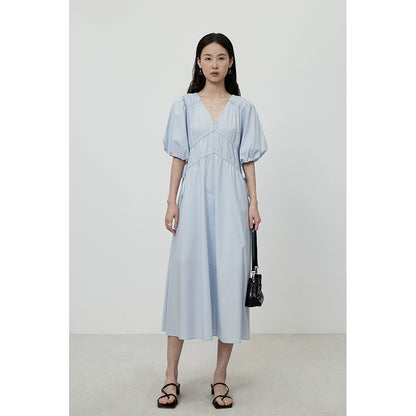 CAREMIND Vestido azul claro ajustado con escote en V francés, elegante falda con pliegues en la cintura y palabra de honor para niños 