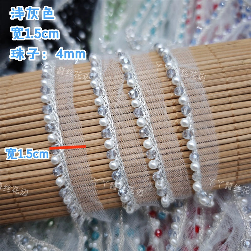 Cinta de encaje con diamantes de imitación de perlas de 1,5 cm de ancho, ideal para hacer puños, escotes, vestidos de novia, correas de hombro, accesorios para el cabello y sombreros.
