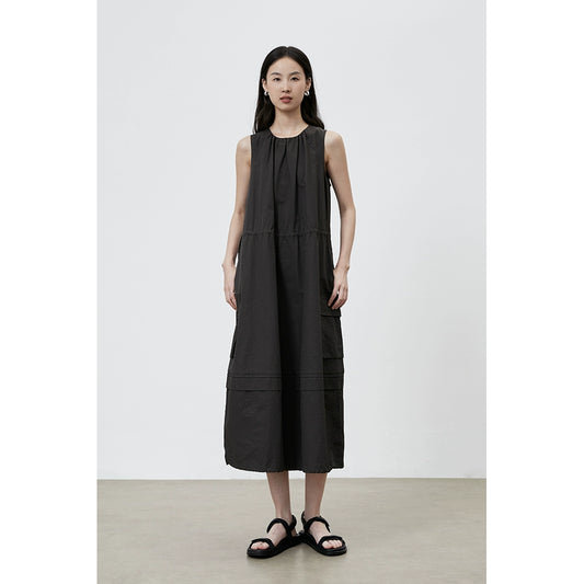 [Traveler] CAREMIND Simple dark gray green sleeveless dress tooling drawstring loose vest skirt