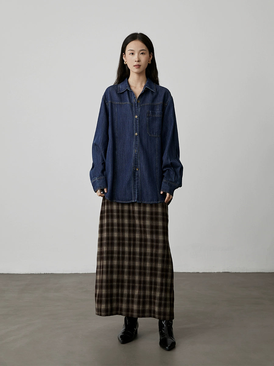 [Tencel Denim] CAREMIND Classic Hong Kong Style Retro Dark Blue Denim Shirt Loose Cardigan Jacket Women