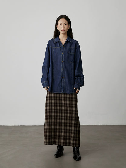 [Tencel Denim] CAREMIND Classic Hong Kong Style Retro Dark Blue Denim Shirt Loose Cardigan Jacket Women