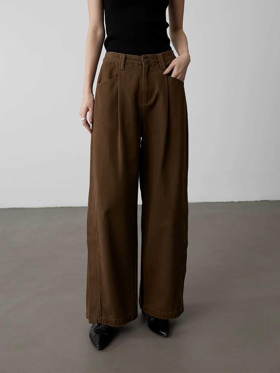 Pantalones vaqueros holgados y delgados de pierna ancha de color café retro de CAREMIND, pantalones casuales largos y rectos de cintura alta estilo dinero antiguo 