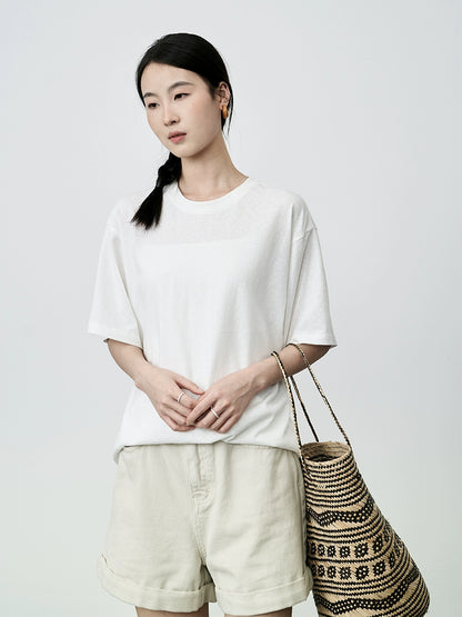 Camiseta básica de manga corta blanca versátil CAREMIND con cuello redondo y cinco mangas en los hombros 