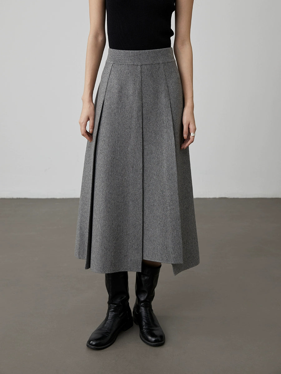 [Falda tejida de lana estilo salón político] Falda plisada de color sólido CAREMIND Falda de lana mediana y larga de otoño e invierno para desplazamientos versátiles 