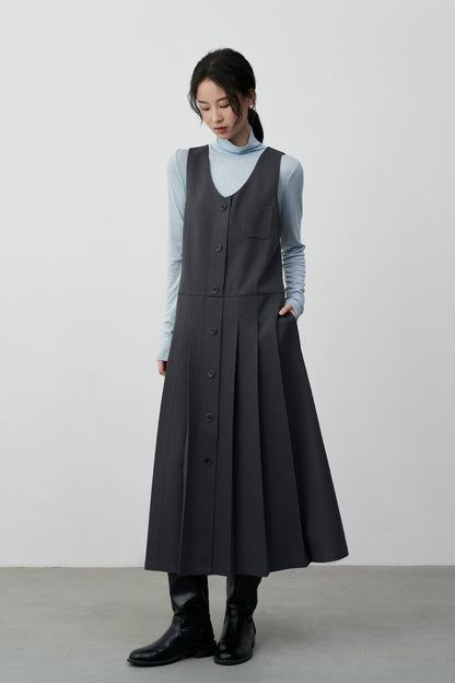 [Oferta especial por tiempo limitado] Vestido plisado con diseño de chaleco apilado versátil y falda larga con cuello en U sin mangas 