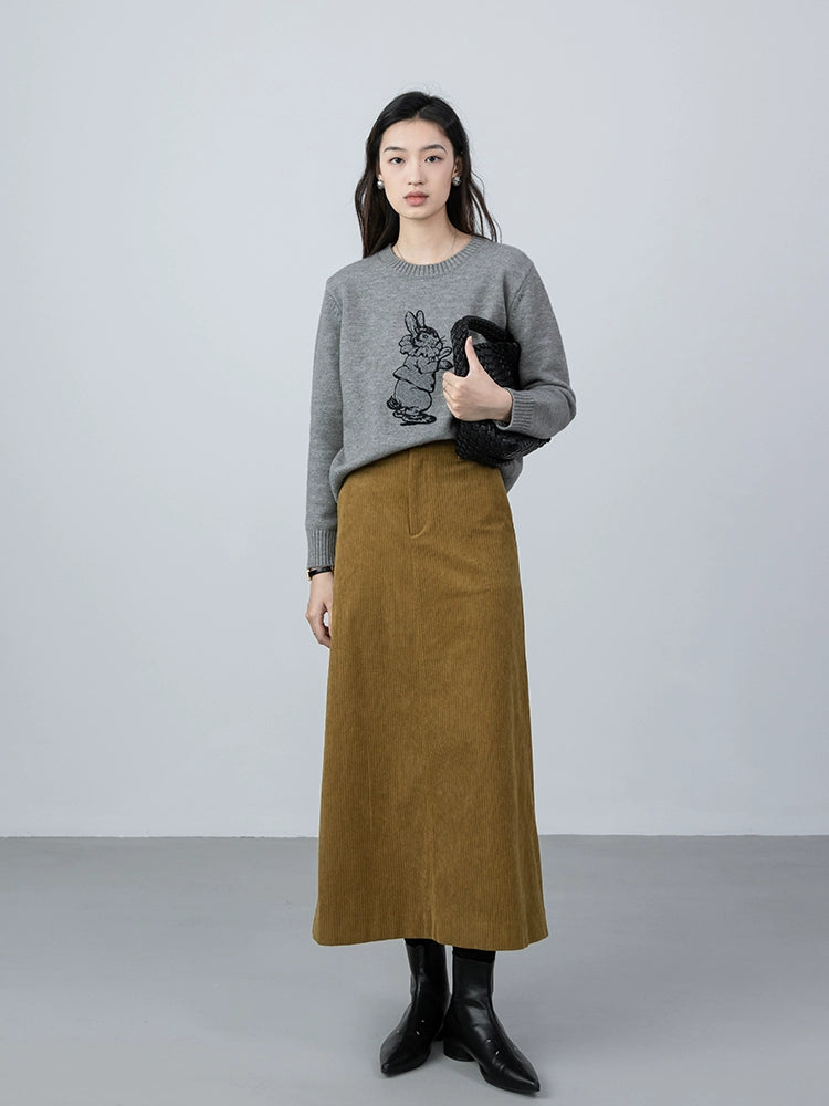 Falda retro CAREMIND que cubre la carne, falda mediana y larga de pana color jengibre para mujer 