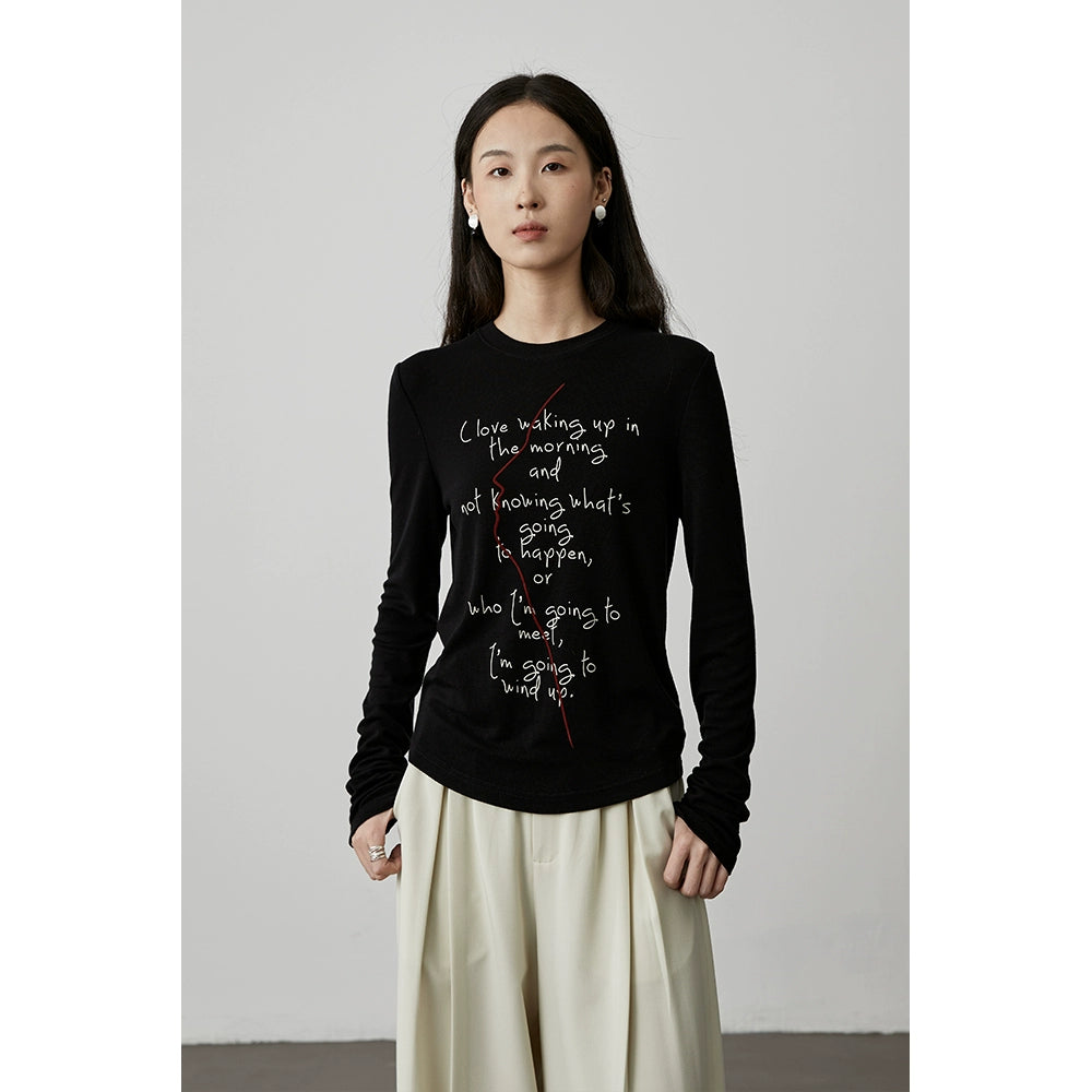 [Thinking T] CAREMIND Black Tencel Letter Printed Front Shoulder Long Sleeve T-Shirt Three-dimensional Art Sketch Top