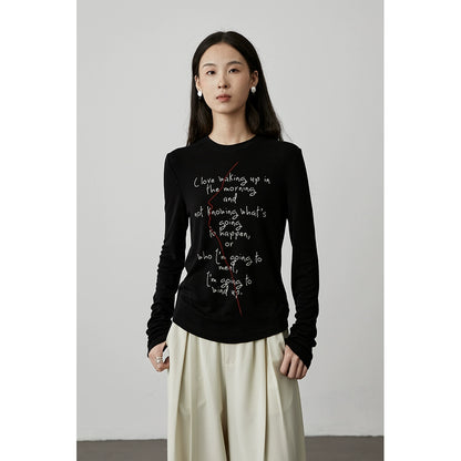 [Thinking T] CAREMIND Black Tencel Letter Printed Front Shoulder Long Sleeve T-Shirt Three-dimensional Art Sketch Top