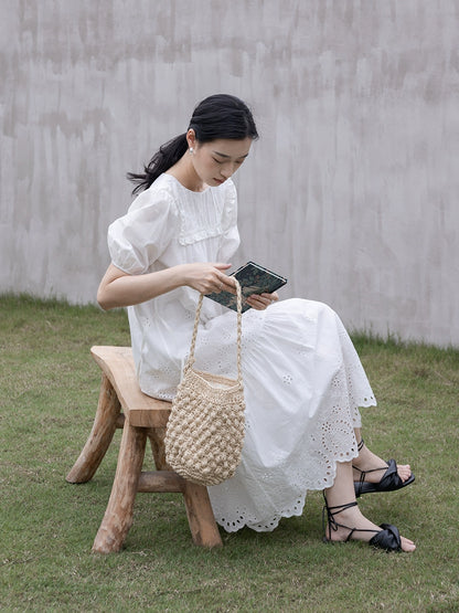 [Oferta especial por tiempo limitado] Vestido blanco romántico de jacquard francés hueco con mangas pequeñas de burbuja y vestido largo con capas de viento suave 